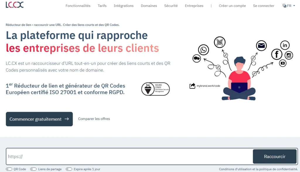Capture du site Lc.cx, réducteur d’URL français sécurisé et conforme RGPD.