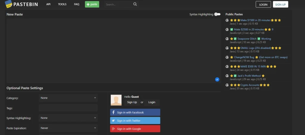 Interface Pastebin utilisée pour publier du code source et des scripts