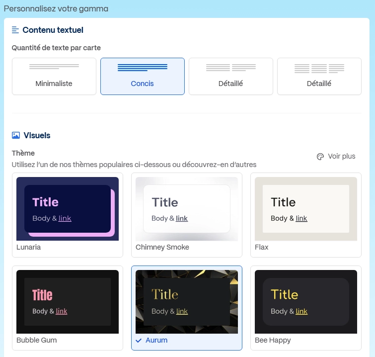 Options de personnalisation des modèles de présentation dans Gamma IA, outil d’intelligence artificielle.