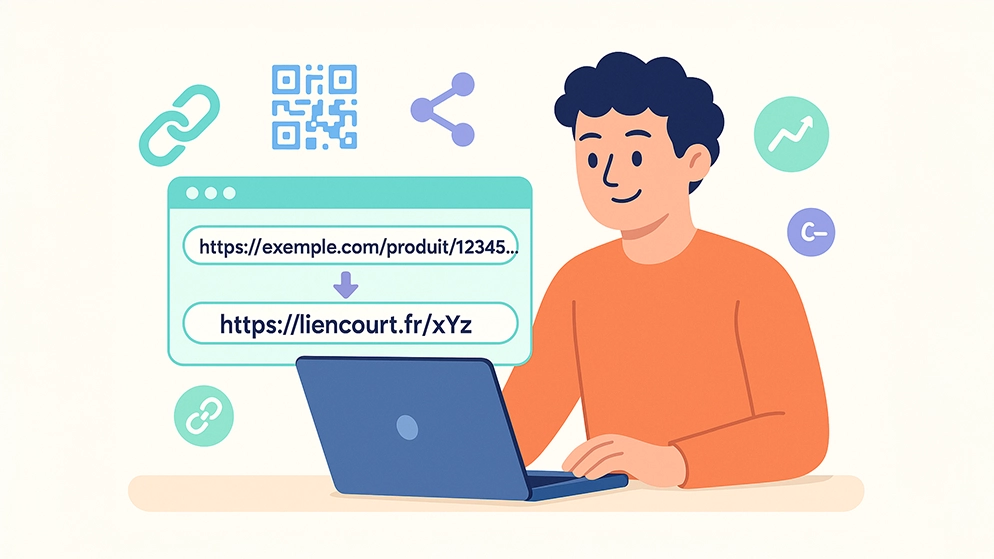 Illustration d’un utilisateur raccourcissant une URL sur ordinateur, avec des icônes de lien, QR code et partage en arrière-plan.