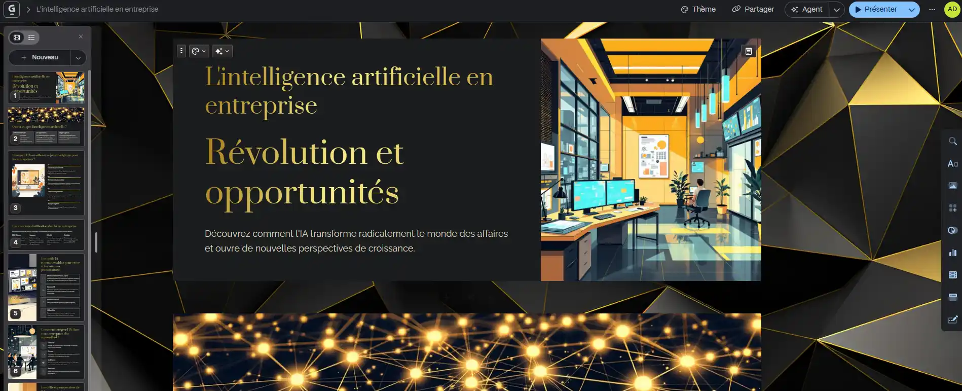 Exemple de slide créée avec Gamma IA, outil d’intelligence artificielle pour concevoir des présentations modernes.