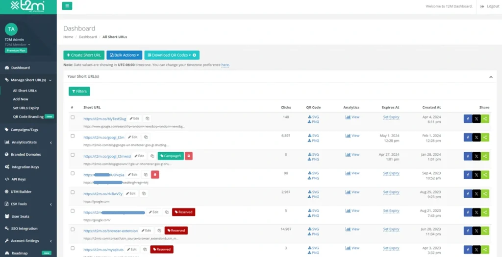 Capture du site T2M.io affichant la gestion des liens, QR codes et statistiques de clics.