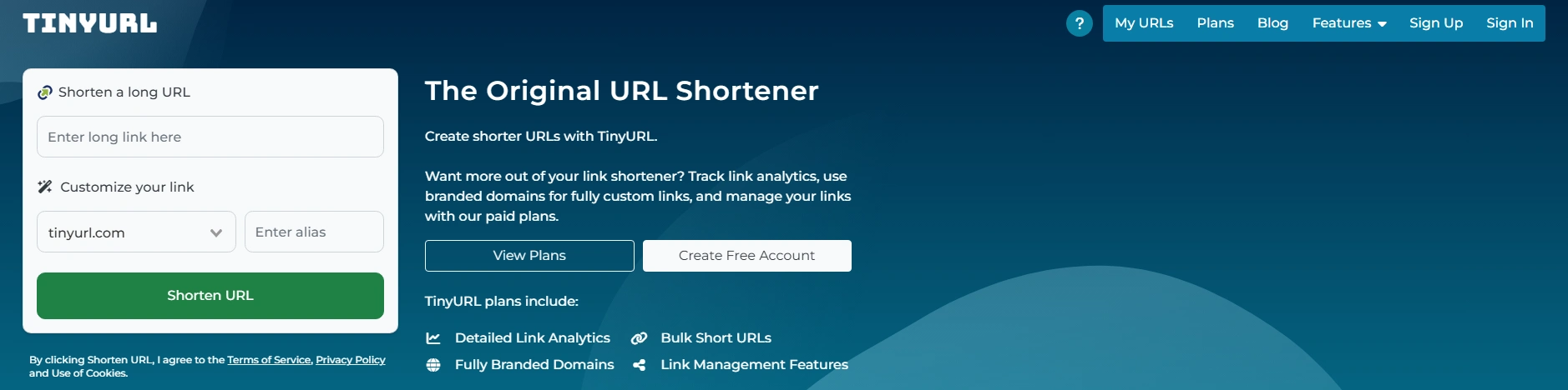 Capture du site TinyURL permettant de raccourcir une URL gratuitement et rapidement.