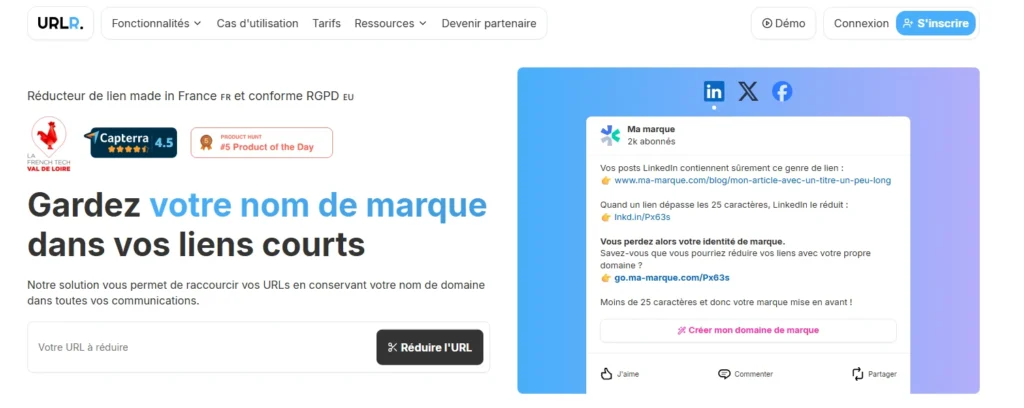 Capture du site Urlr montrant la création et le suivi d’un lien court personnalisé.