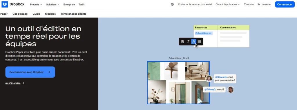 Capture d’écran de Dropbox Paper affichant son interface de rédaction collaborative.