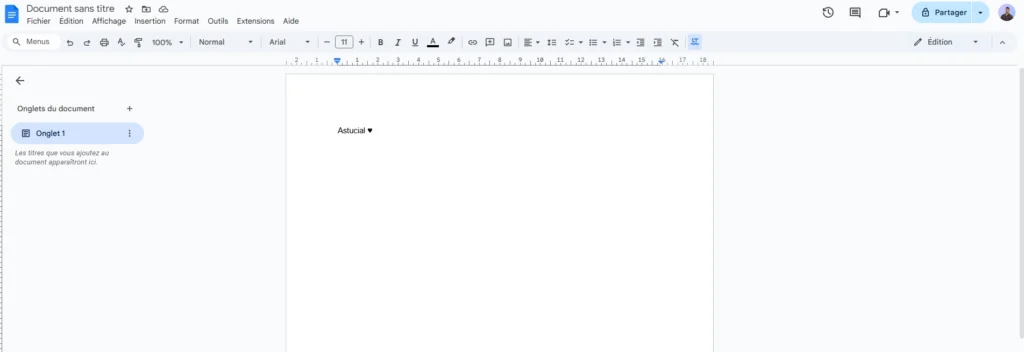 Capture d’écran de Google Docs affichant l’interface du traitement de texte en ligne.