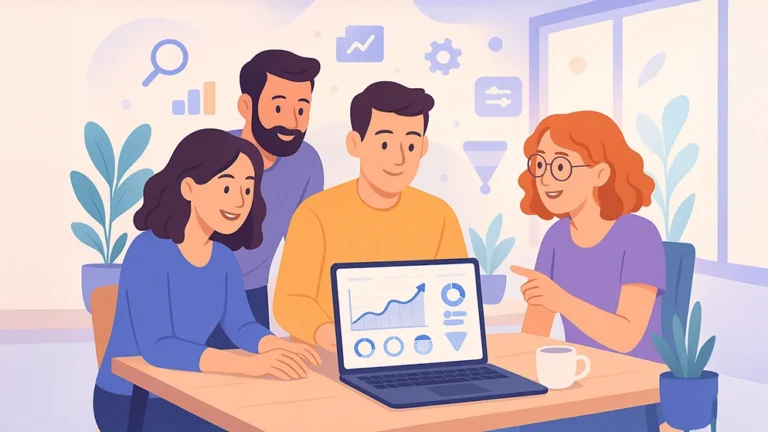 Équipe de jeunes professionnels collaborant autour d’un ordinateur affichant des graphiques de croissance, illustrant le concept de growth hacking en France.