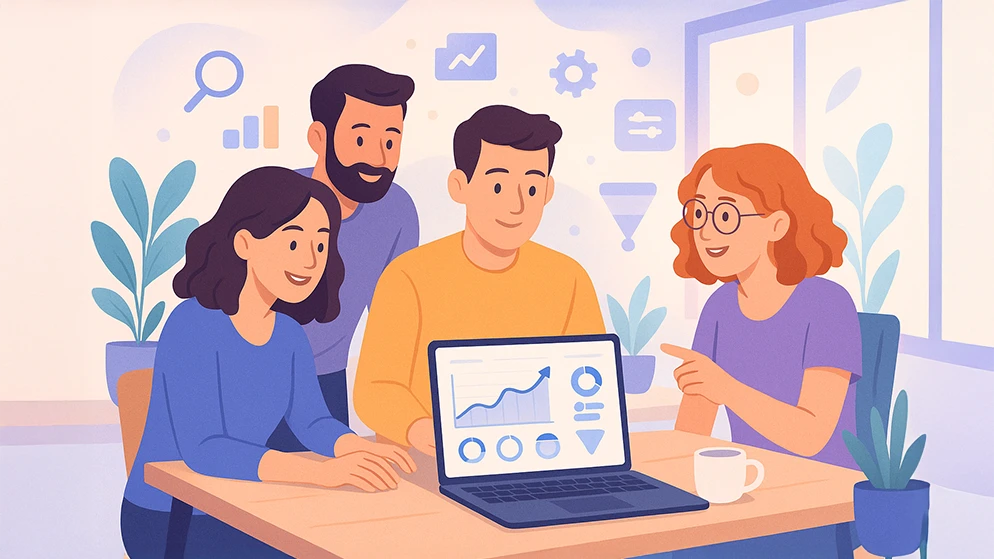Équipe de jeunes professionnels collaborant autour d’un ordinateur affichant des graphiques de croissance, illustrant le concept de growth hacking en France.
