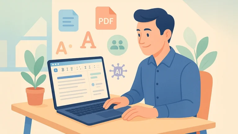 Illustration d’un professionnel utilisant des logiciels de traitement de texte sur ordinateur.