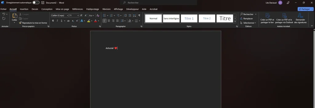 Capture d’écran de Microsoft Word montrant l’interface du logiciel de traitement de texte.