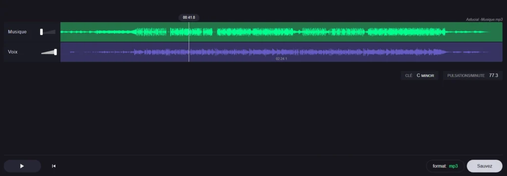 Interface de Vocal Remover montrant la séparation des voix et de la musique d’une piste audio.