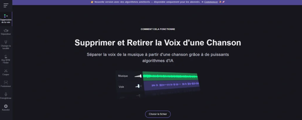 Interface du site VocalRemover.org montrant l’outil de suppression de voix d’une chanson grâce à l’IA.