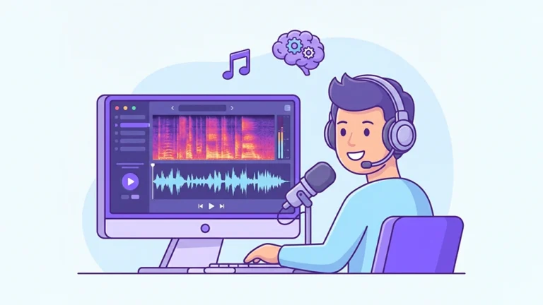 Illustration d’un logiciel Vocal Remover affichant la séparation de la voix et de la musique, avec un créateur de contenu portant un casque devant son écran.