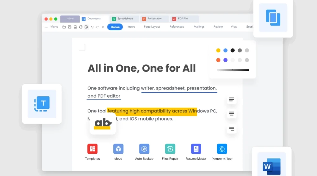 Capture d’écran de WPS Writer affichant l’interface du logiciel de traitement de texte.