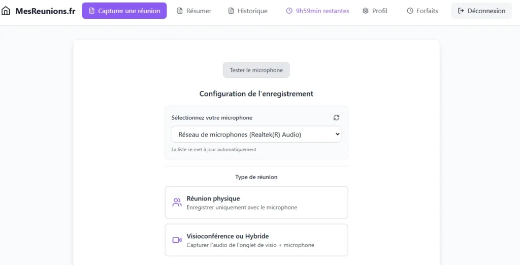 Interface MesReunions.fr permettant de capturer une réunion et d’enregistrer mes réunions en ligne.