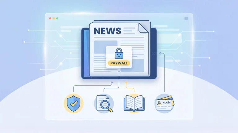 Illustration d’un article en ligne bloqué par un paywall, avec des icônes représentant l’accès légal et les alternatives gratuites.