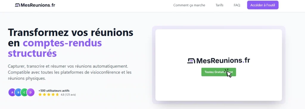 Capture d’écran de la page d’accueil MesReunions.fr, l’outil IA qui résume mes réunions automatiquement.
