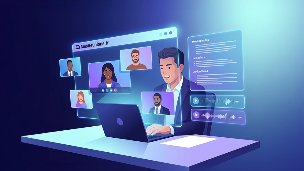Illustration représentant une personne en visioconférence avec des panneaux d’IA holographiques pour présenter l’outil MesReunions.fr qui génère automatiquement des comptes-rendus.