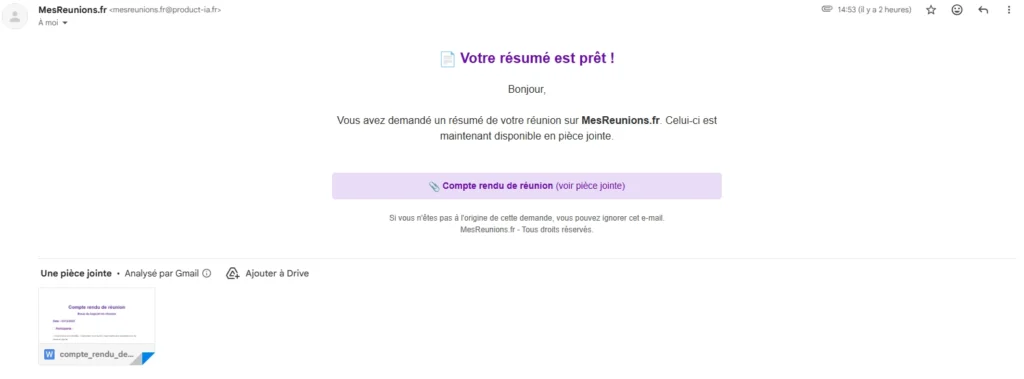 Email MesReunions.fr indiquant que le résumé de mes réunions est prêt et disponible en pièce jointe.