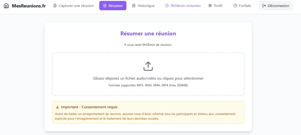 Interface MesReunions.fr pour résumer mes réunions en téléversant un fichier audio ou vidéo.