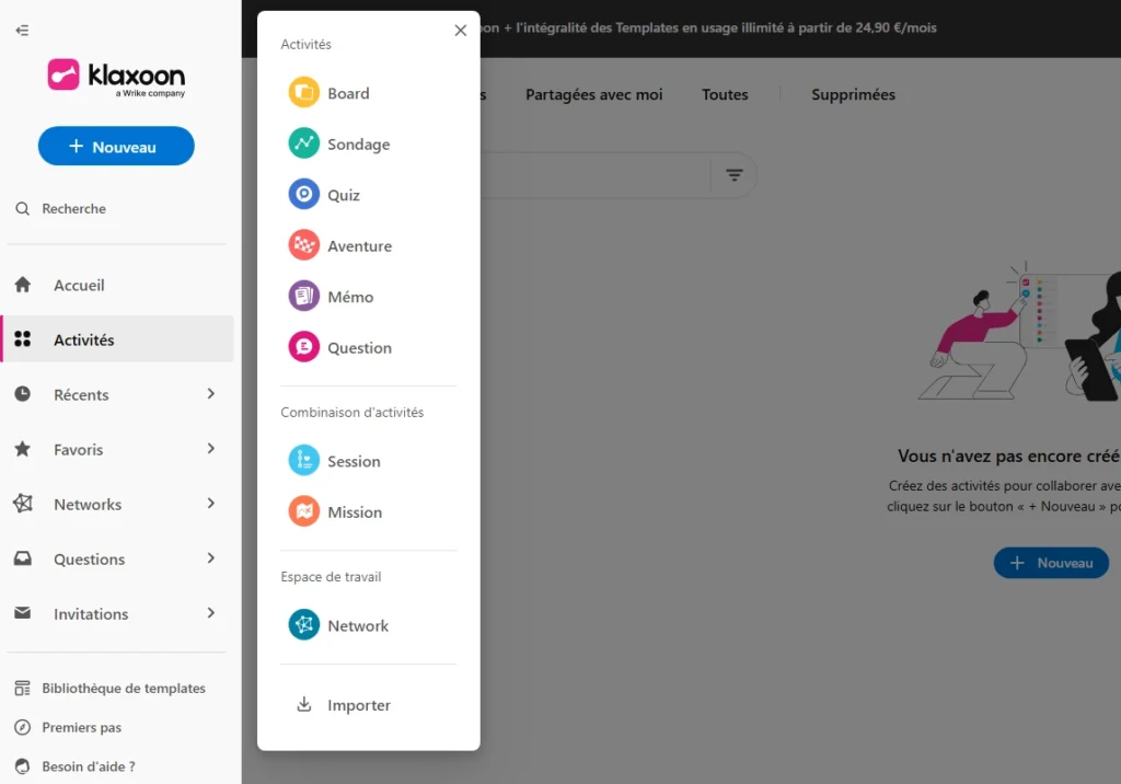 Menu des activités Klaxoon affichant les formats Board, Sondage, Quiz, Session et Mission