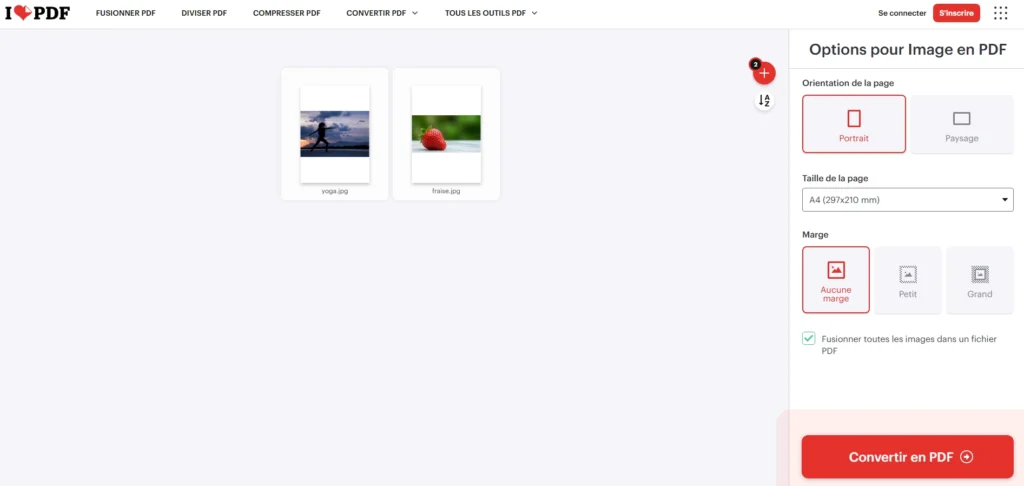 Interface du site iLovePDF montrant la fusion de deux images JPG en un seul fichier PDF.