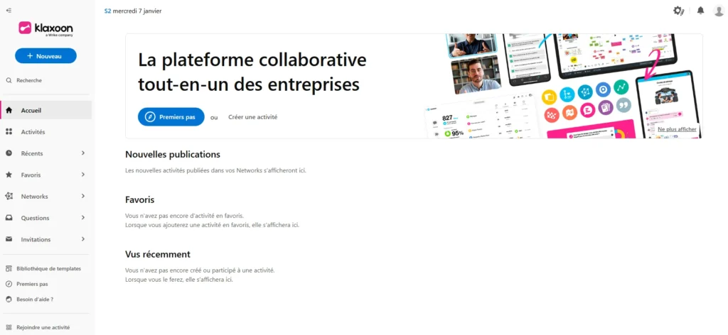 Interface de Klaxoon montrant un tableau blanc collaboratif avec idées, votes et outils interactifs