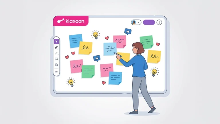 Illustration de Klaxoon montrant un tableau blanc collaboratif avec post-it, idées et votes en temps réel