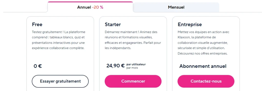 Grille de tarifs Klaxoon présentant les offres Free, Starter et Enterprise avec prix et fonctionnalités
