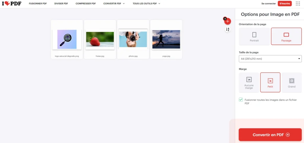 Interface iLovePDF montrant plusieurs images JPG réorganisées avant leur fusion en un fichier PDF.
