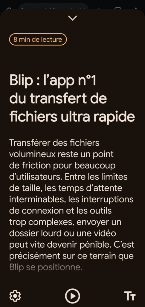 Article affiché en mode lecture sur smartphone avec interface sombre et mise en page simplifiée.