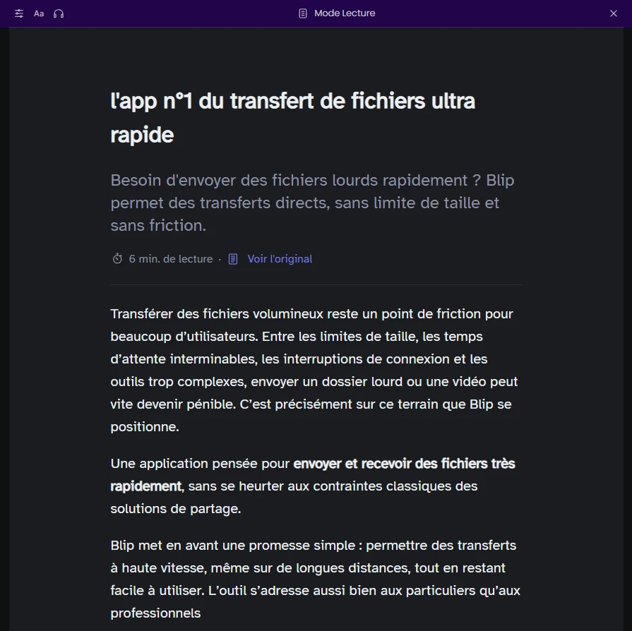 Exemple d'un article affiché en mode lecture avec interface épurée et fond sombre.