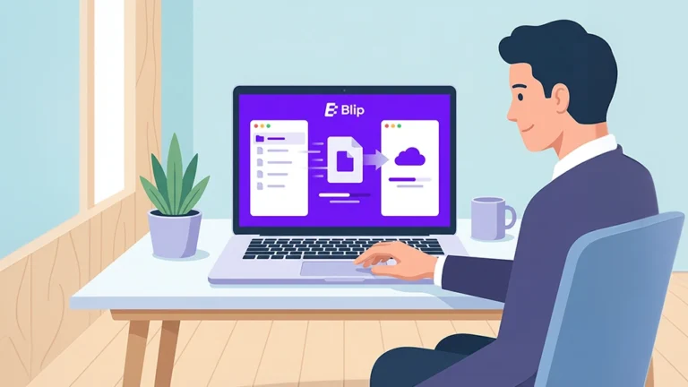 Illustration d'un utilisateur envoyant un fichier via l'application Blip sur son ordinateur