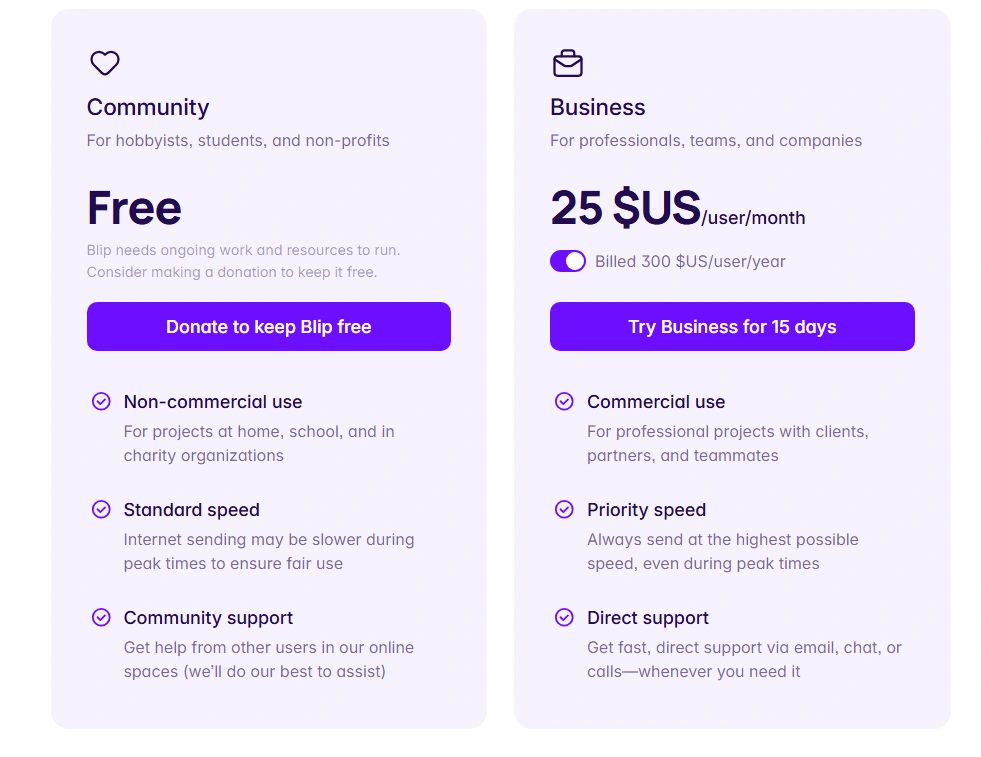 Comparaison des offres Blip gratuite et Business avec leurs fonctionnalités