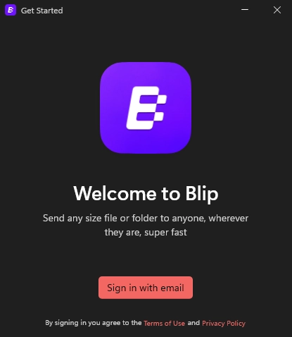 Écran de démarrage de l'application Blip avec connexion par e-mail
