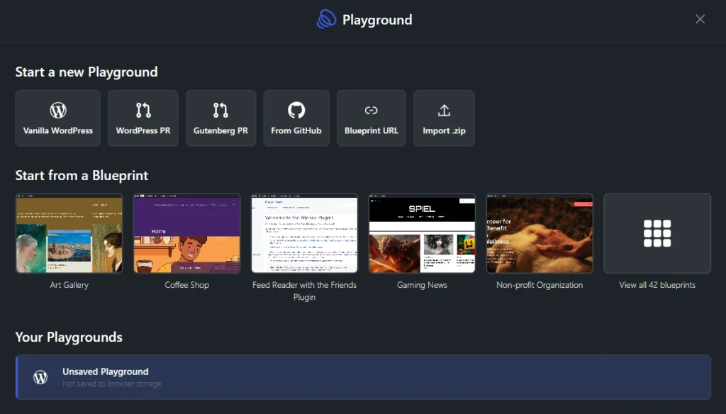 Écran d'accueil WordPress Playground avec modèles Blueprints et options de démarrage