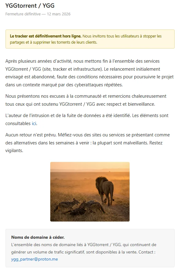 Message de fermeture définitive de YggTorrent publié le 12 mars 2026