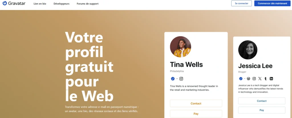 Profil Gravatar exemple avec avatar, bio et réseaux sociaux pour site web
