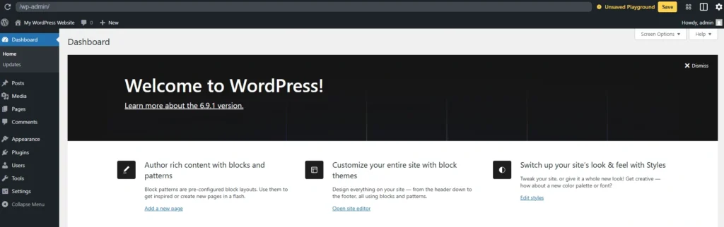 Interface du tableau de bord WordPress dans WordPress Playground exécuté dans le navigateur