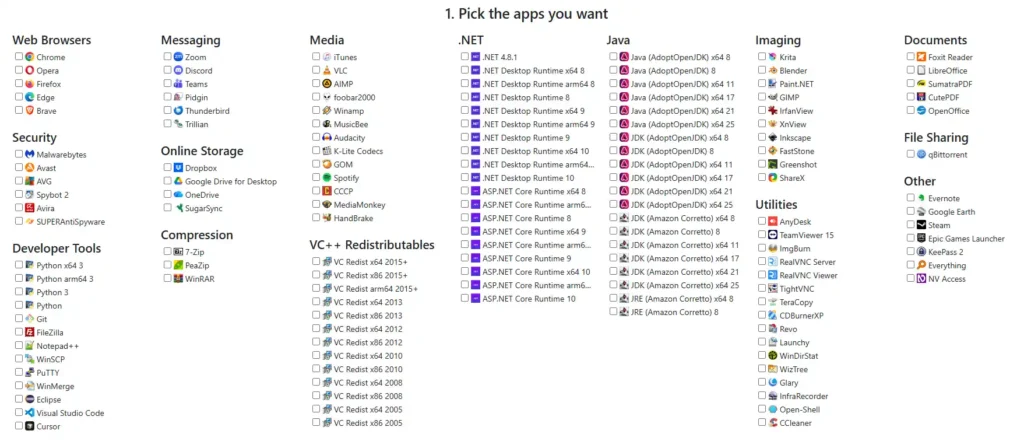 Liste des logiciels disponibles sur Ninite classés par catégories sous Windows