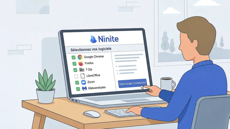 Illustration d'un utilisateur installant des logiciels Windows avec Ninite en un clic