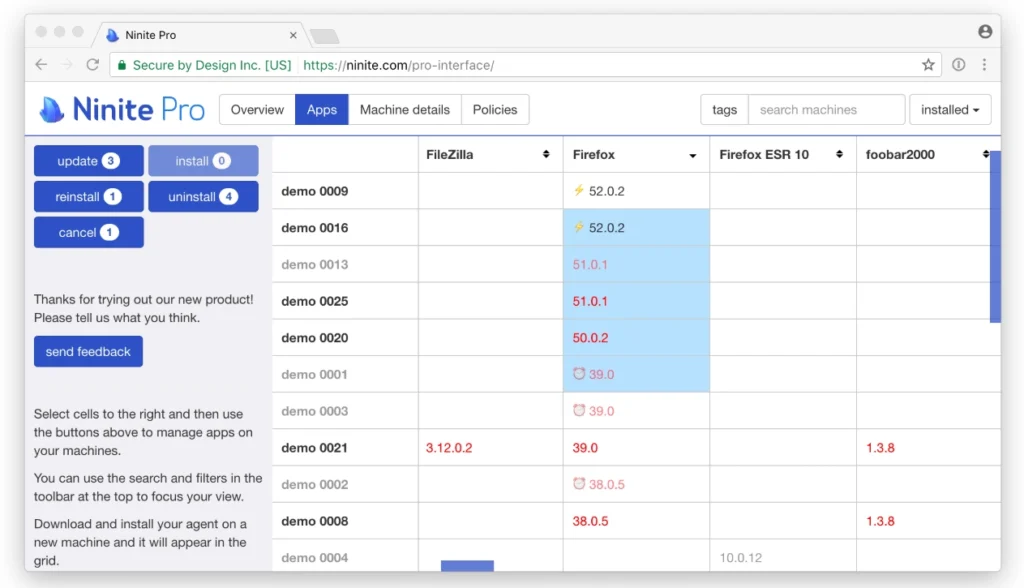 Interface Ninite Pro montrant la gestion et mise à jour des logiciels sur plusieurs machines Windows