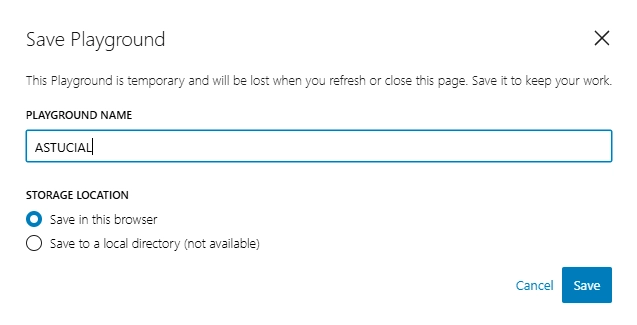 Fenêtre Save WordPress Playground avec option de sauvegarde dans le navigateur