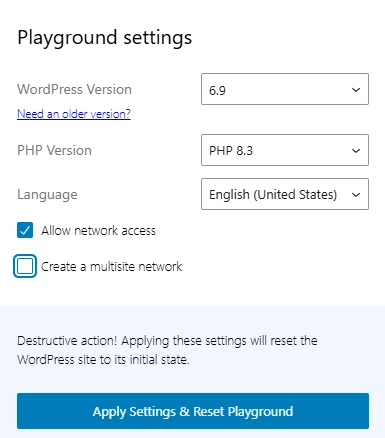 Interface des paramètres WordPress Playground avec sélection de la version PHP et options réseau