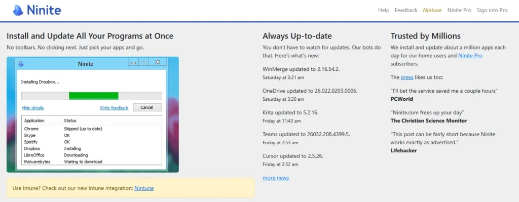 Interface de Ninite montrant l'installation automatique de logiciels sur Windows