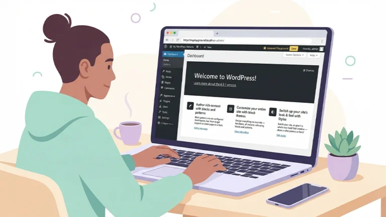 Utilisateur utilisant WordPress Playground sur un ordinateur portable dans un navigateur