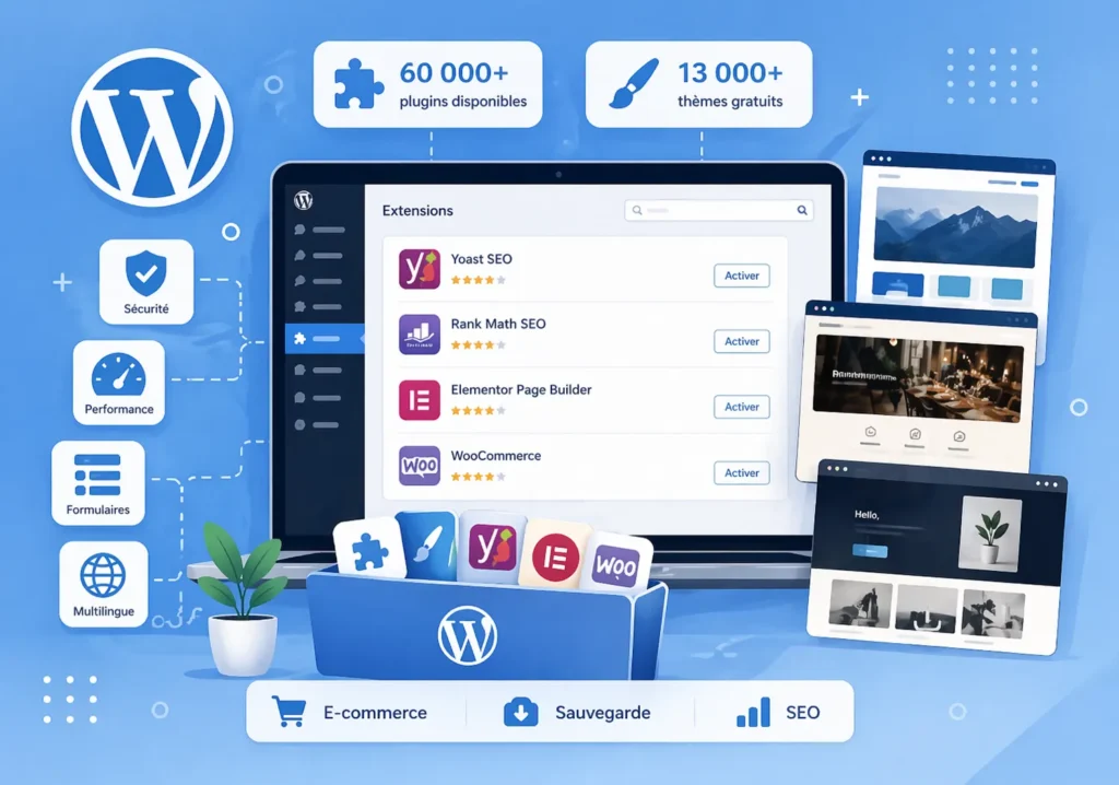 Illustration WordPress montrant un large choix de plugins, thèmes et extensions pour créer un site web personnalisé