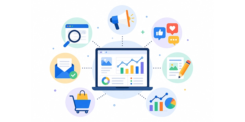 Illustration des principaux leviers du marketing digital : SEO, publicité, réseaux sociaux, e-mailing, e-commerce et analyse de données