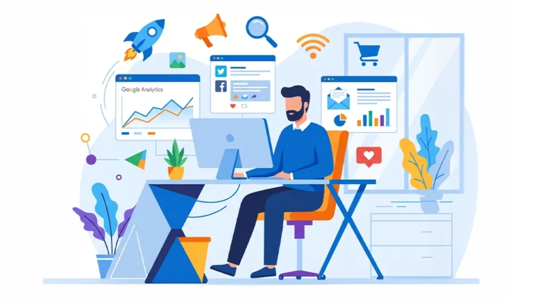 Illustration du marketing digital avec SEO, réseaux sociaux, analytics et publicité en ligne