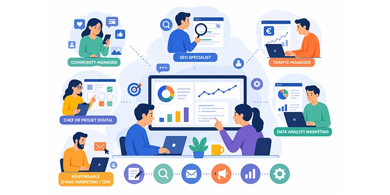 Illustration des métiers du marketing digital avec community manager, SEO, traffic manager, chef de projet digital, data analyst et e-mail marketing